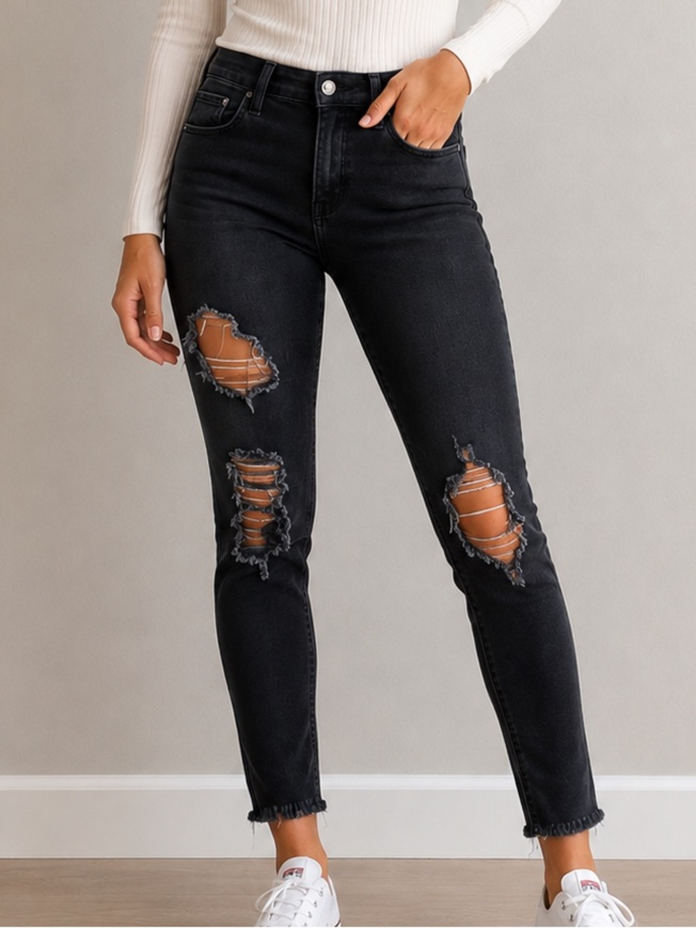 Just Black Distressed Skinny Jeans Women’s 27 Black Stretch Mid Rise Denim